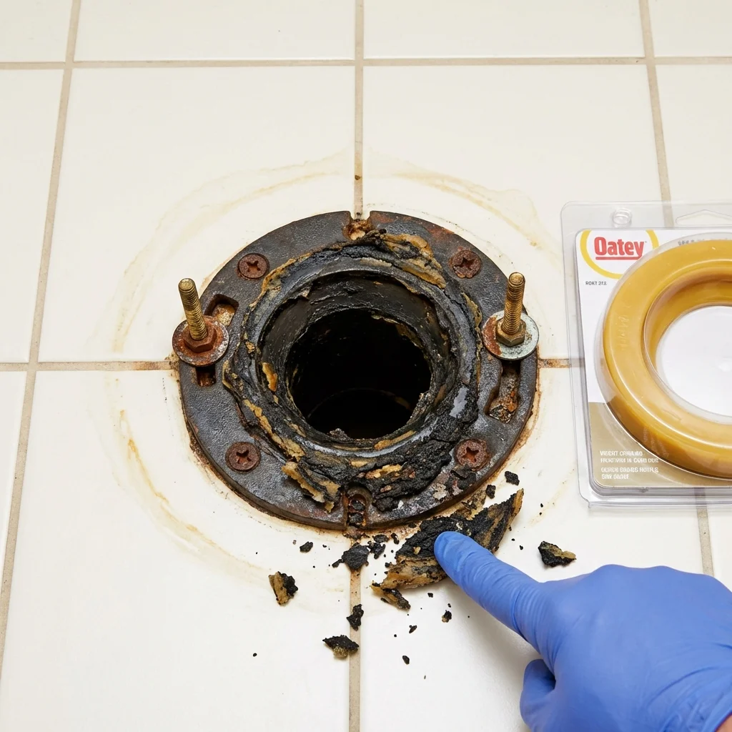 Failed wax ring showing water seepage at the base of a toilet in a Kimberly, WI home