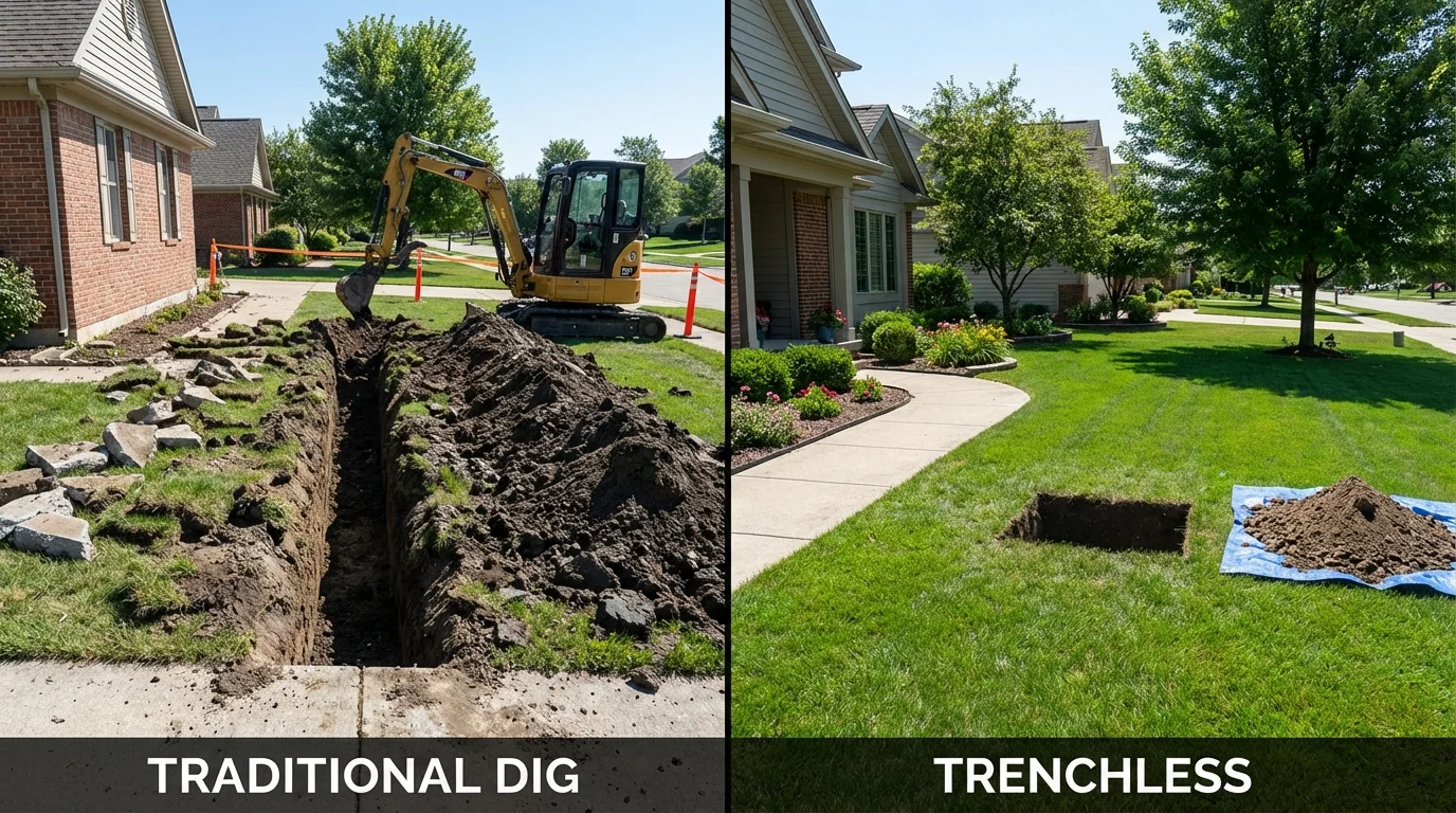 Trenchless sewer repair with minimal yard damage versus traditional excavation in Kimberly, WI