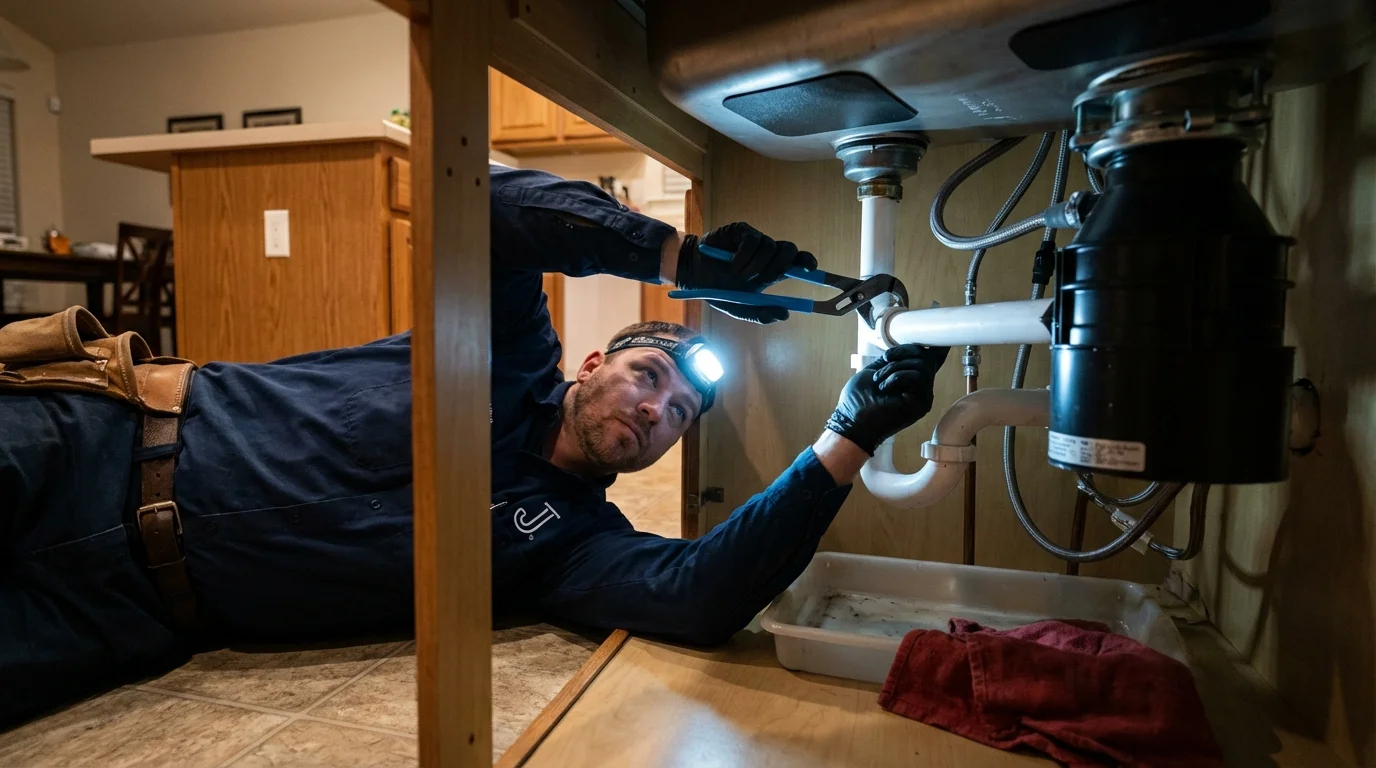 P-trap and supply line connections under a kitchen sink showing a common leak point in Kimberly, WI